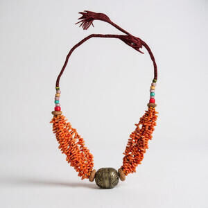 Antique Tribal Natural Red Coral Beaded Necklace, 14.5" Length